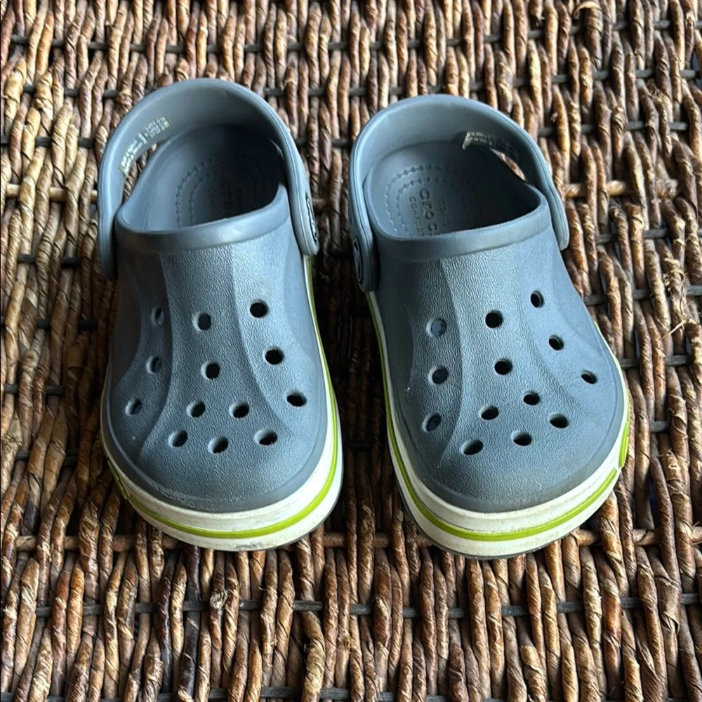 Kids Crocs Gray Clogs with Green Accents 9